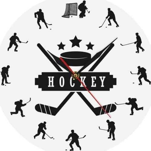 Hockey Players Silhouette Sports Wall Art Modern Wall Clock Boys Room Decor Wall Hanging Clock Watch Gift For Ice Hockey Athlete