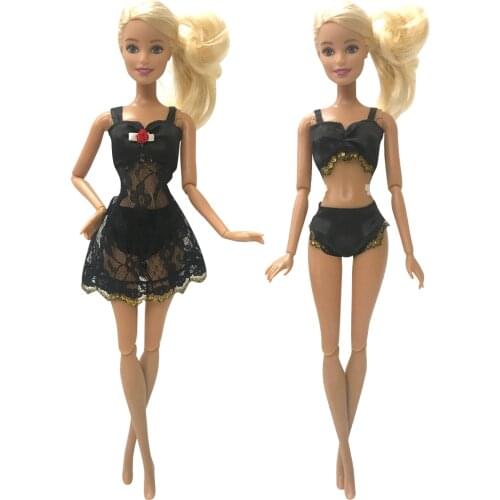 NK One Set Black Pajamas +Underwear+Bra Sexy Lace Dress Clothes For Barbie Dolls Accessories Gift For Child 03E