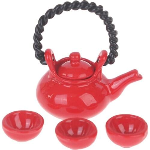 New Hot!4pcs/Set 1: 12 Dollhouse Furniture Miniature Teapot Cup Plate 1 Teapot + 3 Cups Dining Ware Toy Tea Set