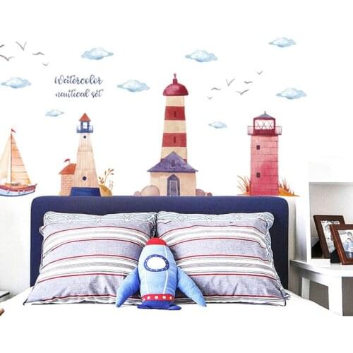 New cartoon wall stickers watercolor lighthouse childrens room kindergarten classroom bedroom layout decoration wall decals