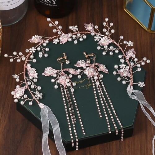 Handmade Rose Gold Color Headbands For Bride Wedding Hair Accessories Cystal Pearl Hairband Women Hairband Hair Jewelry Set