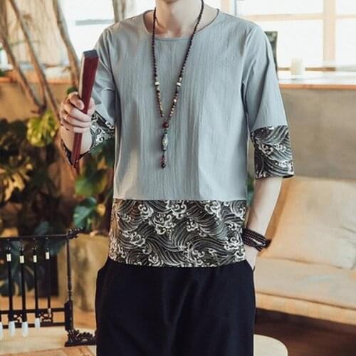 Summer 2021 Vintage Shirts Embroidery Chinese Top Cotton Linen Carp Kung Fu Hanfu Traditional Chinese Clothing for Men Blouse