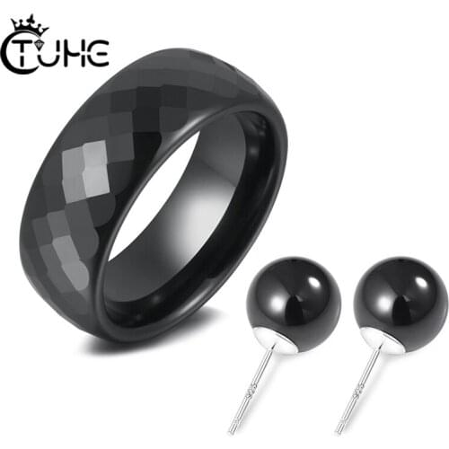 925 Sterling Silver Ceramic Jewelry Set For Women Stud Earrings Smooth 8MM Cut Ceramic Ring White Black Romantic Fashion Jewelry