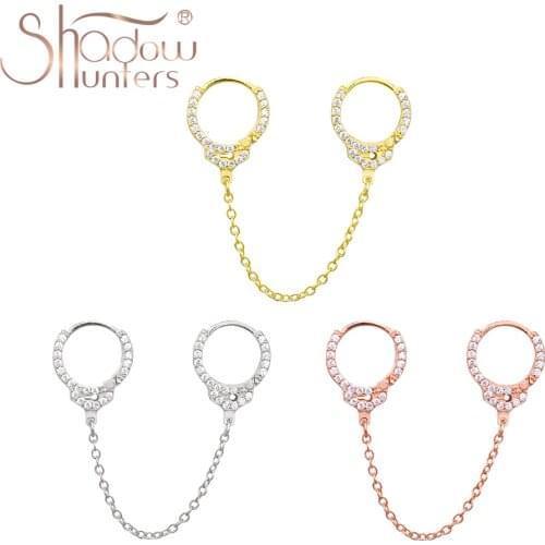 SHADOWHUNTERS Real 925 Sterling Silver Handcuffs Huggies Hoop Earrings Link Chain Earring With Zircon CZ Women Jewelry Piercings