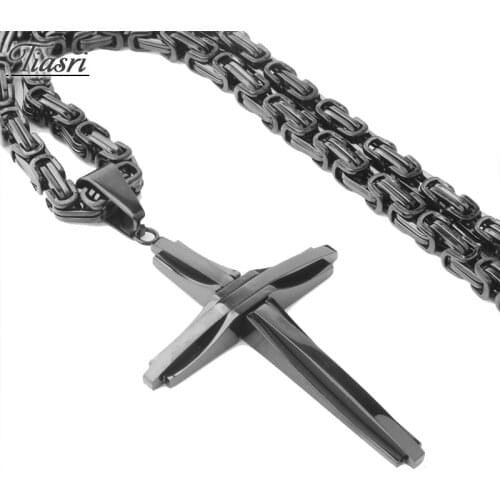 Tiasri Cross Pendant For Mens Necklace 5mm Byzantine Chain Halloween Gifts Stainless Steel Jewelry Choker Hip-Hop Punk Style