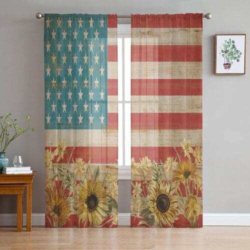 Farm Stars Sunflower Wood Grain Vintage Voile Tulle Sheer Curtains for Bedroom Living Room Kitchen Decor Chiffon Windows Curtain