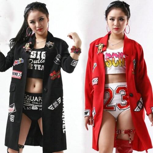 Adults Cheerleading Costume Ballroom Dance Clothes Girls Letter Printed Long Coat Hip Hop Jazz Dance Clothing Stage Wear XS2347