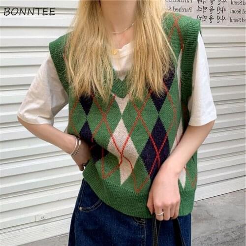 Sweater Vest Women England Style Elegant Preppy Spring Autumn Warm All-match Knitted Argyle Lady Vintage Trendy Sleeveless Chic