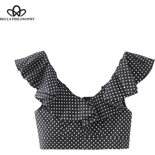 Bella Philosophy women sweet ruffles dot pattern crop top V neck sleeveless short style blouse female summer cute shirts blusas
