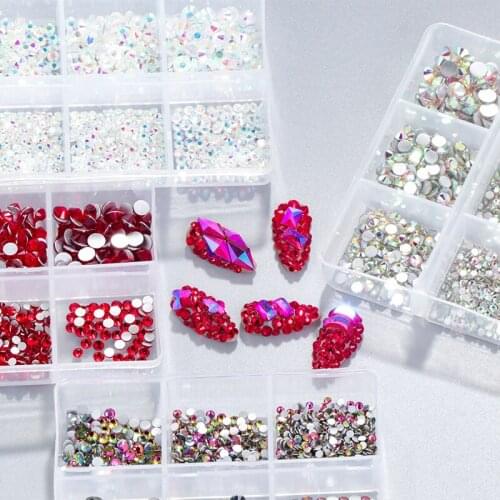 1 Box Crystal Nail Art Rhinestone Gold Silver Clear All Color Flat Bottom Mixed Shape DIY Nail Art 3D Decoration In 6cell pot