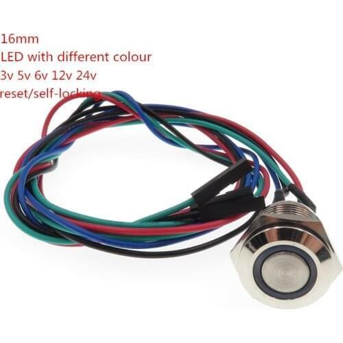 1pcs 16mm self-locking and reset switch LED Metal push button switch with ring light and 50cm wire