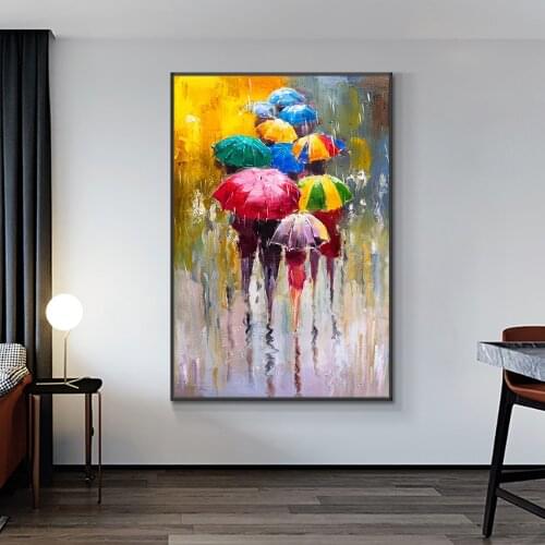 100% Hand Painted Oil Painting On Canvas Abstract People In the Rain With Colorful Umbrellas Wedding Decoration For Living Room