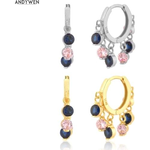 ANDYWEN 925 Sterling Silver Gold Blue Pink Zircon Charm Piercing Hoops Pendiente Luxury Jewelry For Loops Rock Punk Clip Round
