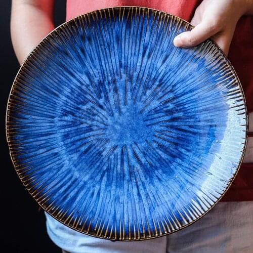 Western Style Food Steak Dish Dinner Plates Ceramic Household Fresh Fruit Salad Fish Dish Cat Eye Blue Pasta Plate