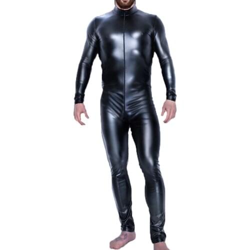 Faux Leather Bodysuits Wetlook Zipper Open Crotch Jumpsuits Leotard Catsuit Sexy Erotic Lingerie Fetish PVC Latex Gay Clubwear