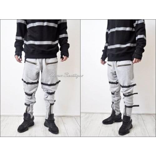 Mens Hi Tech Military Cargo Pants Loose Fit Biker Banded Strap Closer Sweatpant Joggers / Tapered Fit Side Stripe