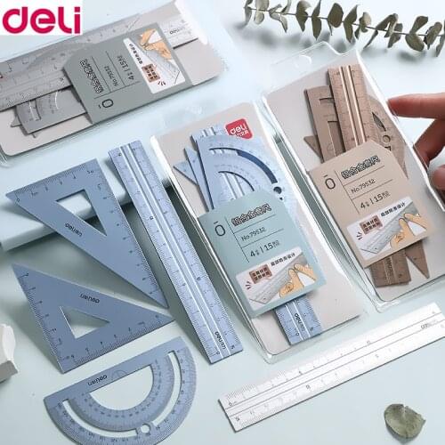 Deli 4pcs/set Aluminium Ruler Set Metal Geometry Maths Drawing compass stationery Rulers mathematical for School 79532