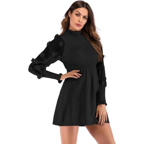 Neatie kiddie Fashion Mesh Patchwork Long Sleeve Slim A-line Dress Women Slim Casual Clothes O-neck Mini Dress Vestidos Robes