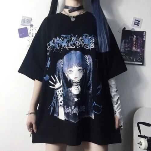 Summer Clothing y2k Harajuku Anime Gothic Short Sleeved T-Shirt Punk Dark Grunge Streetwear Tops Loose Oversized T-shirts Women