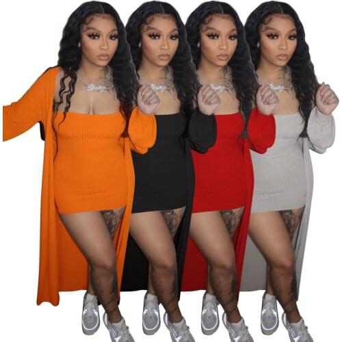 K9940 Custom Women Long Sleeve Cardigan Jacket Dress New Design 2021 Knitted Sexy Bag Hip Skirt Two Piece Set