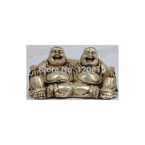 Chinese Old White Copper Handwork Double Laughing Buddha Statue