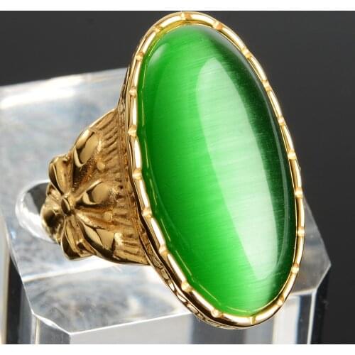 Womans Green Pink Blue Oval Cats Eye Stone Stainless Steel rings For lady Gold Color USA Size