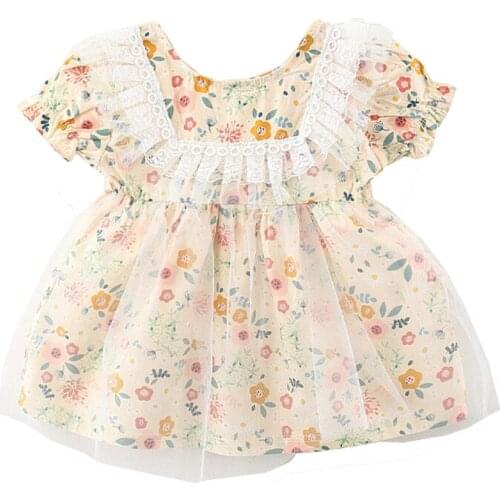 Cute Floral Baby Girls Dress Puff Sleeve Mesh Luxury Style Toddler Summer Outfit Kids Clothes