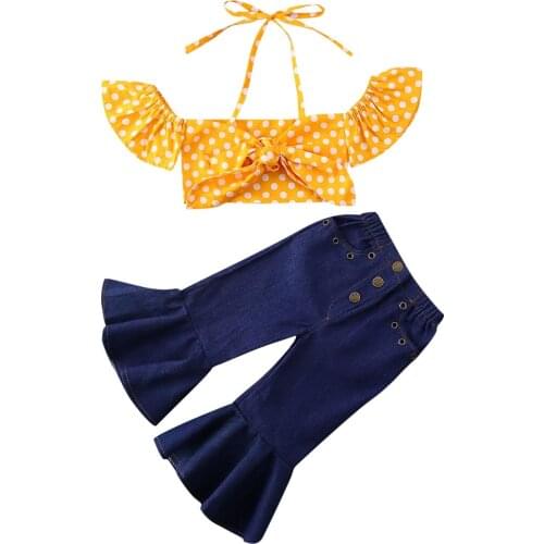 1-6Y Toddler Baby Kid Girls Clothes Set Summer Ruffles Bow Crop Top + Denim Flare Pants Outfits Children Costumes