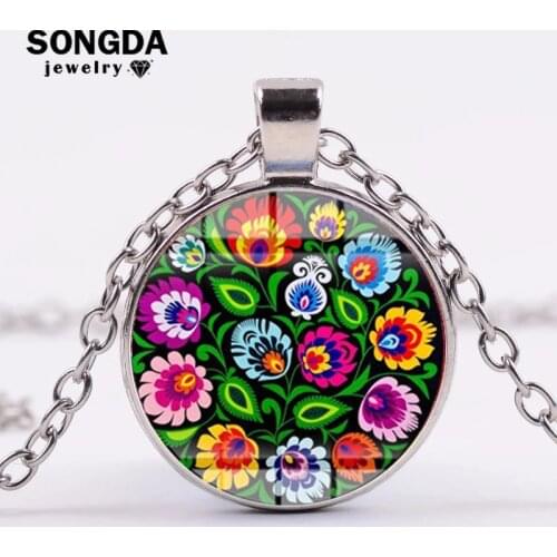 SONGDA Traditional Polish Folk Patterns Necklace Handmade Art Picture Glass Cabochon Pendant Metal Chain Necklace for Women Gift