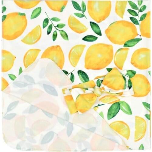 P31B 2 Pcs/Set Newborn Baby Receiving Blanket Headband Set Infant Fruit Printed Swaddle Wrap Sleeping Bag Hair Band Kit