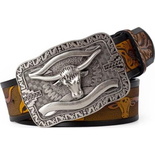 Leather Belts Men Cow Design Belt Fashion Casual Male Waist Strap Cowskin Tauren Buckle