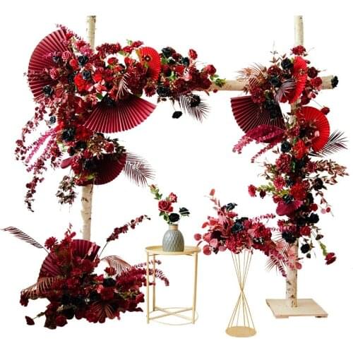Wedding Arch Decor Flower Arrangement Event Paper Fan Leaves Flower Row Centerpiece Stand Burgundy Wine Red Party Supplies