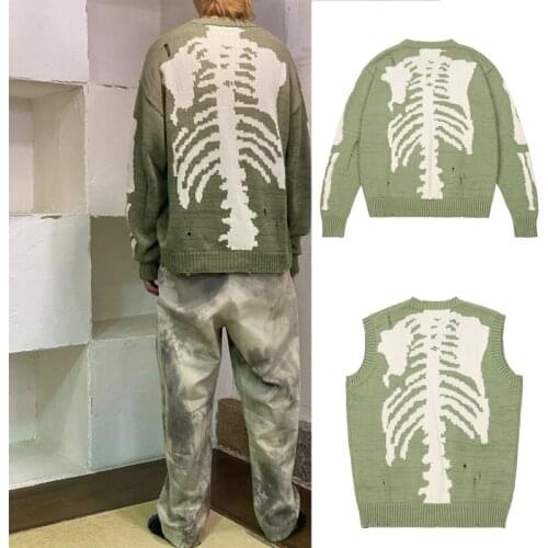 TERRAPINS Men Women Oversized Knitted Sweaters Vests Hip Hop Hole Skulls Skeleton Pullovers Sweater Vest Kanye West Streetwear
