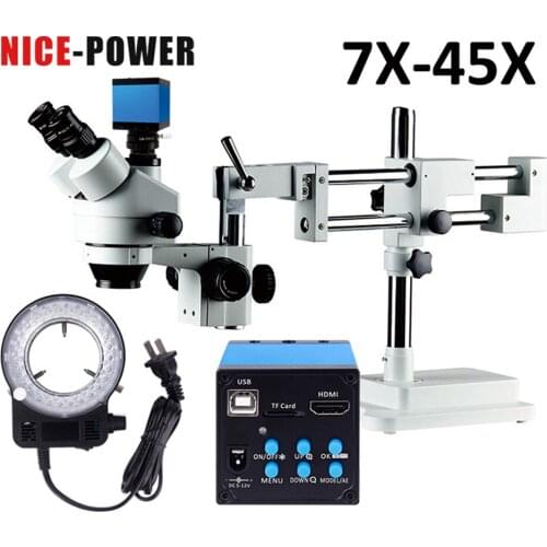 Nice-power 16MP HDMI 7X-45X Simul-Focal Double Boom Stand Trinocular Stereo Zoom Microscope Camera LED Ring Light microscopes