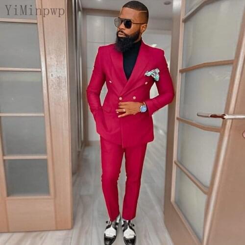 YiMinpwp Red Men Sutis Formal Slit Fit Peaked Lapel Double Breasted Prom Suits Blazer Jacket Men Tuxedos Groom Wedding Suits