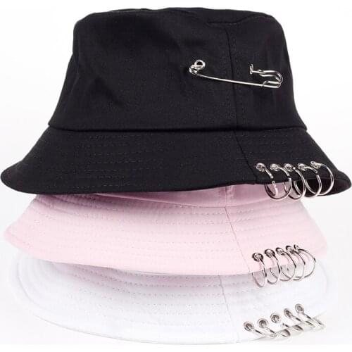 New Women Men Hat Solid Color Iron Pin Rings Personality Bucket Hats Cap for Unisex Cotton Fishermen Caps
