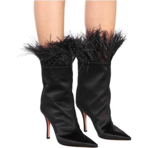 Catwalk Rose Red Womens Boots Pointed Toe Short Boots Silk Satin High-heeled Stiletto Ankle Booties Fringe Pumps Botas De Mujer