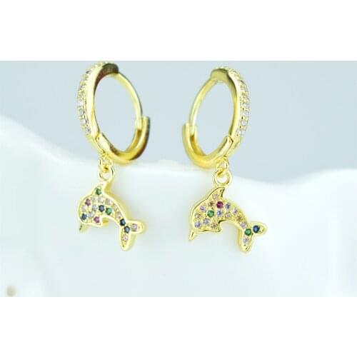 Ladies round hoop earrings, little dolphin earrings, marine life earrings, earrings swimming in the water colorful zircon charms