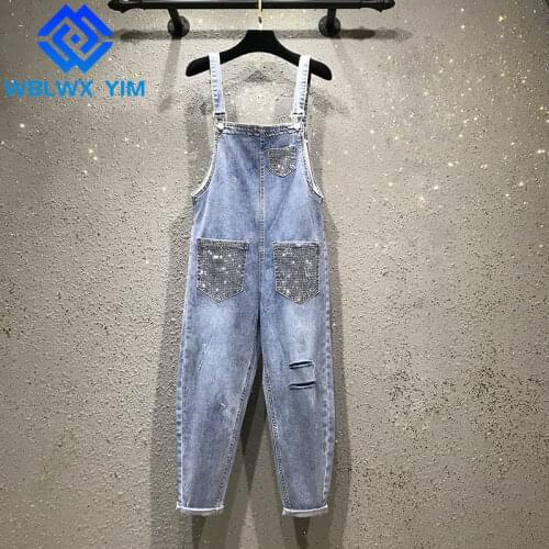 Spring Denim Jumpsuit Women Diamond Pocket Fashion Suspenders Jeans Sleeveless Denim Overalls Female Plus Size Loose Rompers