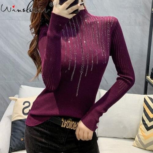 New Sweater Women 2021 Turtleneck Diamonds Letters Slim Tops Winter Clothing Knit Wear Pullover Long Sleeve For Girls T0N601A