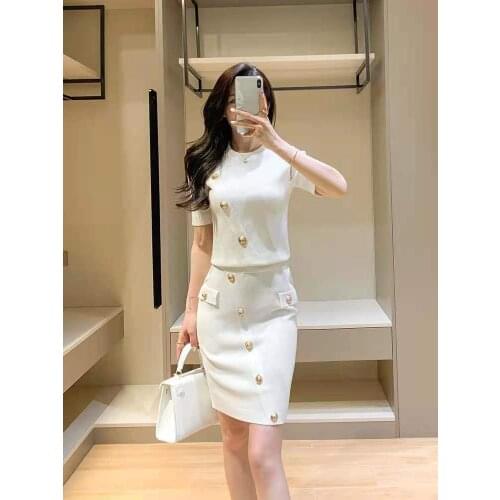 New 2021 Summer Gold Button Sexy Fashion Runway Knitted 2 Piece Set Women Short Sleeve Blouses Tops+Mini Pencil Skirt Suits