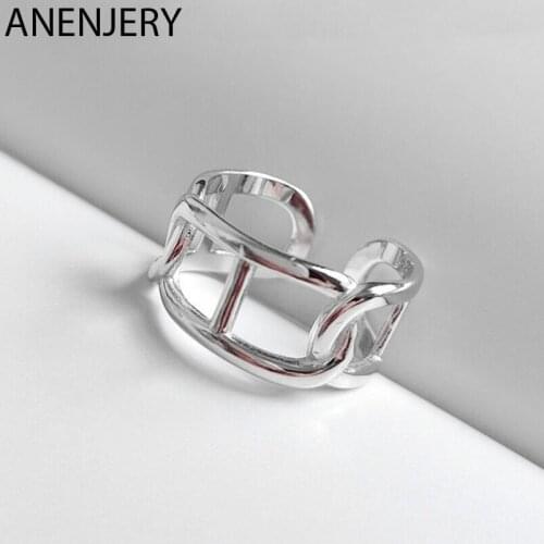 ANENJERY 925 Sterling Silver Simple Fashion Geometric Lock Chain Opening Ring Rings Jewelry For Women Party Gift S-R546