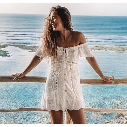 Foridol Off Shoulder White Embriodery Dress Summer Women Crochet Lace Up Beach Dress Button Flare Sleeve Cotton Dress Vestidos
