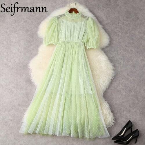 Seifrmann New 2021 Summer Women Fashion Runway Party Mesh Dress Lantern Sleeve High Waist Holiday Long A-Line Dresses Vestidos