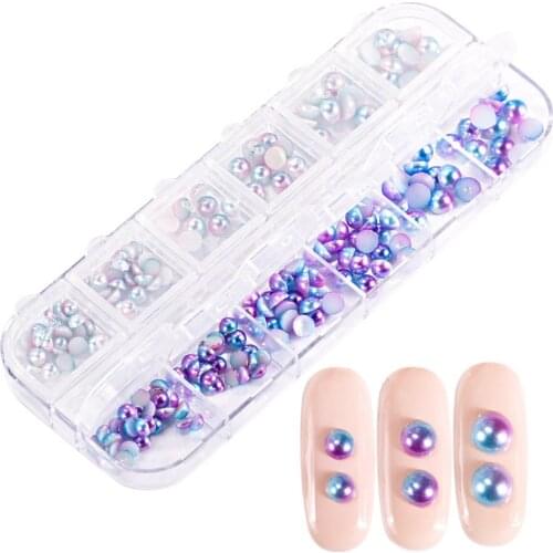 1 Box Japanese Flat Back Half Round Imitation Pearls 3D Nail Art Decoration Gradient Mermaid Pink Blue Nail Jewelry Accessory
