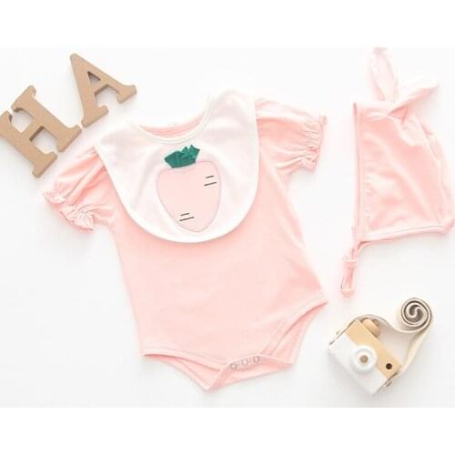 Baby Girls Short Sleeve 3PCS Hat+Spit Pockets+100% Cotton Pink Rompers Triangle Design Spring Summer Bebi Rompers Set