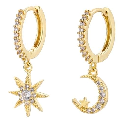 925 Sterling Silver Moon Star Asymmetric Hoop Earring Fashion Micro Inlaid Zircon Earring Jewelry For Women Gifts S-E1130