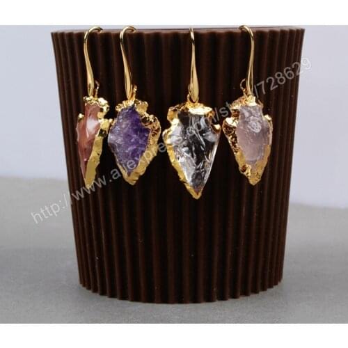 BOROSA 5PCS Fashion Gold Color Rough Multi-Kind Gems & Quartz Arrowheads Charms Earrings G0756