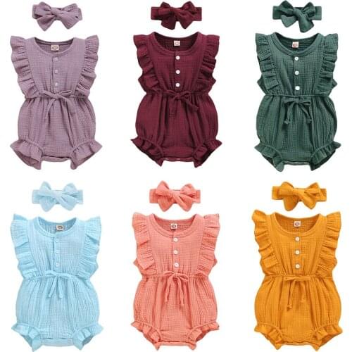Newborn Clothing Set Baby Girl Romper Headband Toddler Summer Solid Color Sleeveless Bowknot Romper 0-2 Years Baby Girl Jumpsuit