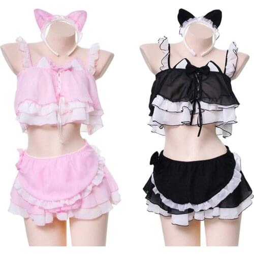 Anime Cosplay Costume Sexy Women Lingerie Set Lolita Intimates Set Cute Girls Cat Ears Ruffle Camisoles Underwear Wholesale
